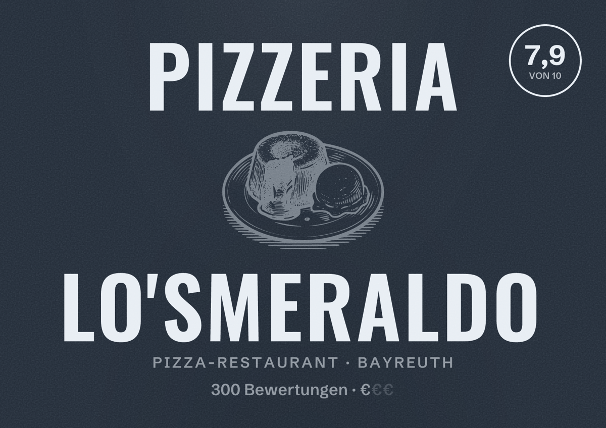 Illustriertes Poster von Pizzeria Lo'Smeraldo, Pizza-Restaurant in Bayreuth: Bewertung 7,9 von 10 aus 300 Bewertungen, Preisniveau €