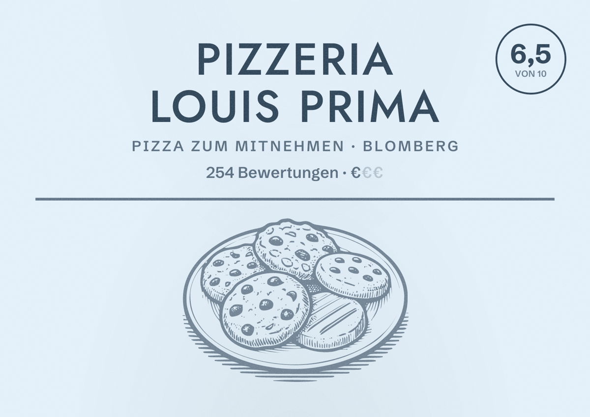 Illustriertes Poster von Pizzeria Louis Prima, Pizza zum Mitnehmen in Blomberg: Bewertung 6,5 von 10 aus 254 Bewertungen, Preisniveau €