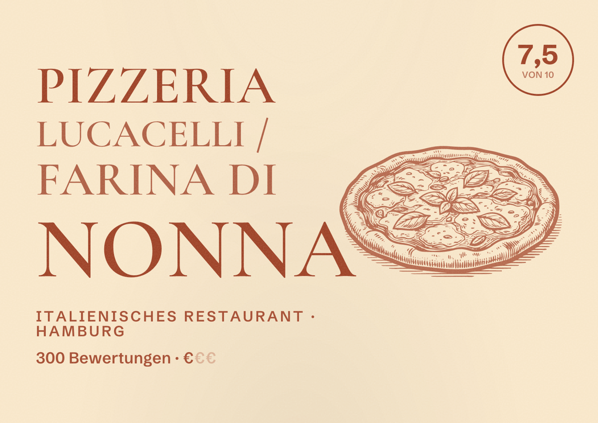 Illustriertes Poster von Pizzeria LUCACELLI / Farina di Nonna, Italienisches Restaurant in Hamburg: Bewertung 7,5 von 10 aus 300 Bewertungen, Preisniveau €
