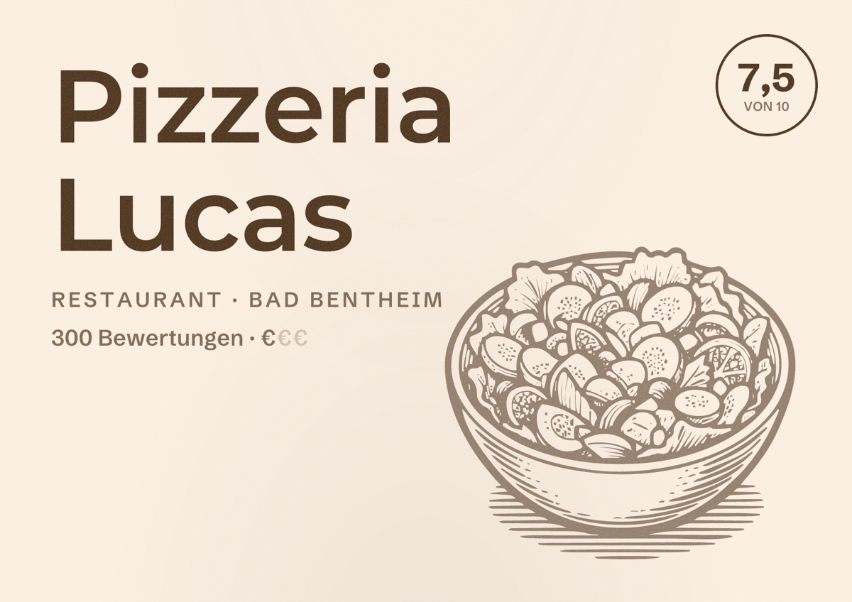 Illustriertes Poster von Pizzeria Lucas, Restaurant in Bad Bentheim: Bewertung 7,5 von 10 aus 300 Bewertungen, Preisniveau €