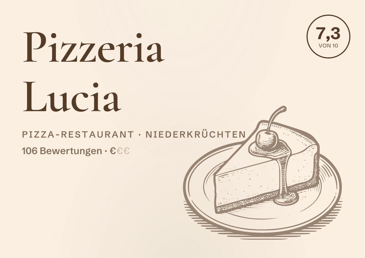 Illustriertes Poster von Pizzeria Lucia, Pizza-Restaurant in Niederkrüchten: Bewertung 7,3 von 10 aus 106 Bewertungen, Preisniveau €