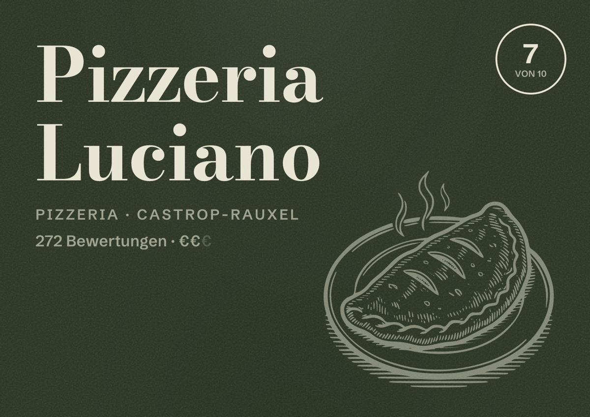 Illustriertes Poster von Pizzeria Luciano, Pizzeria in Castrop-Rauxel: Bewertung 7 von 10 aus 272 Bewertungen, Preisniveau €€