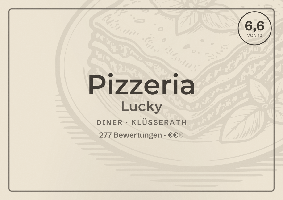Illustriertes Poster von Pizzeria Lucky, Diner in Klüsserath: Bewertung 6,6 von 10 aus 277 Bewertungen, Preisniveau €€