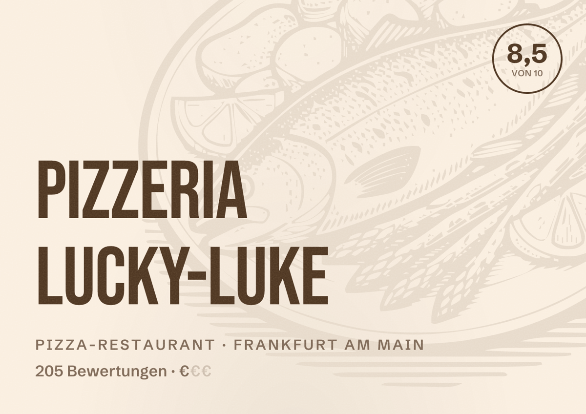 Illustriertes Poster von Pizzeria Lucky-Luke, Pizza-Restaurant in Frankfurt am Main: Bewertung 8,5 von 10 aus 205 Bewertungen, Preisniveau €