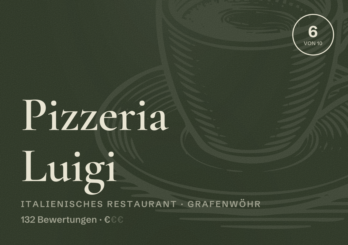 Illustriertes Poster von Pizzeria Luigi, Italienisches Restaurant in Grafenwöhr: Bewertung 6 von 10 aus 132 Bewertungen, Preisniveau €