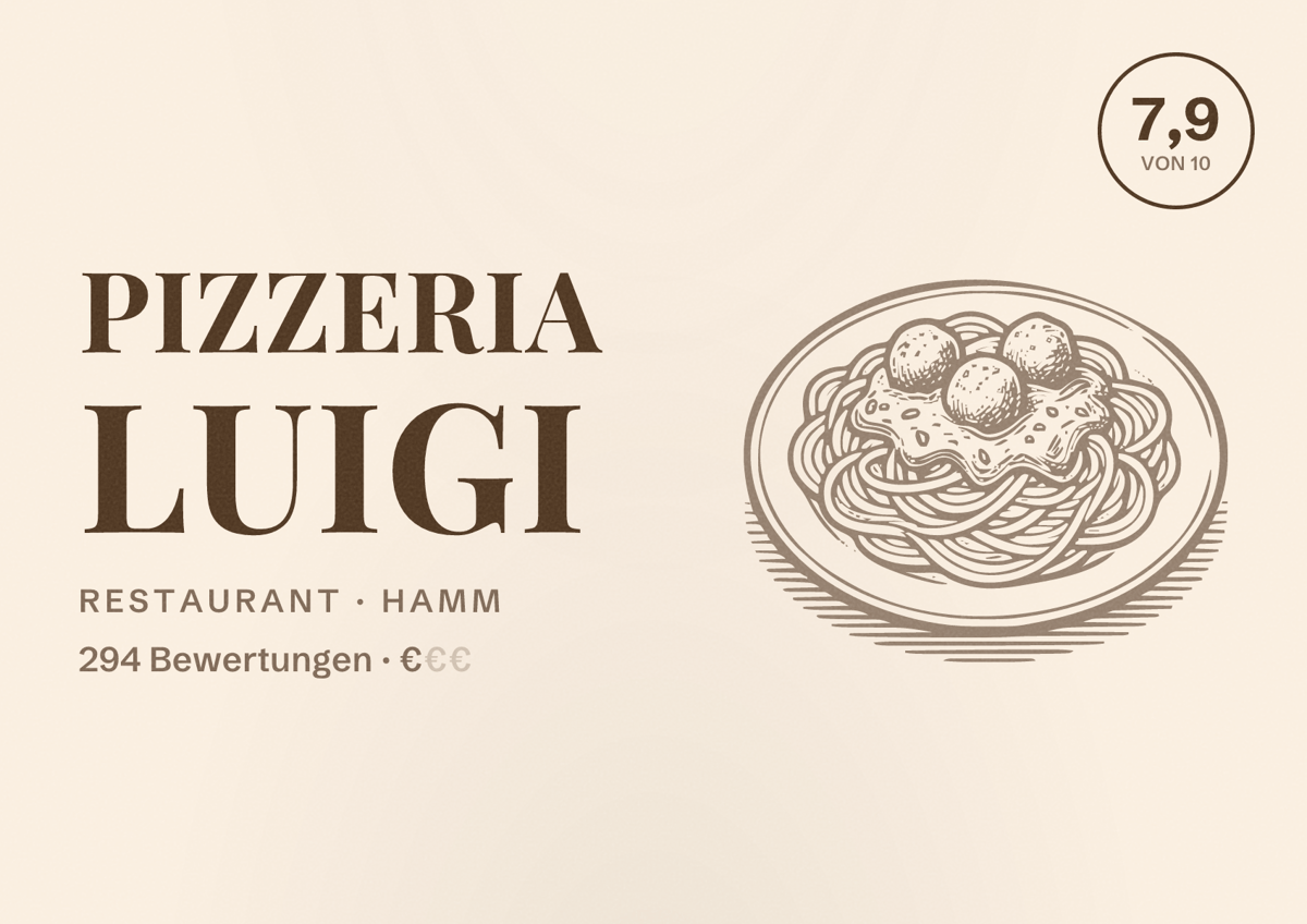 Illustriertes Poster von Pizzeria Luigi, Restaurant in Hamm: Bewertung 7,9 von 10 aus 294 Bewertungen, Preisniveau €