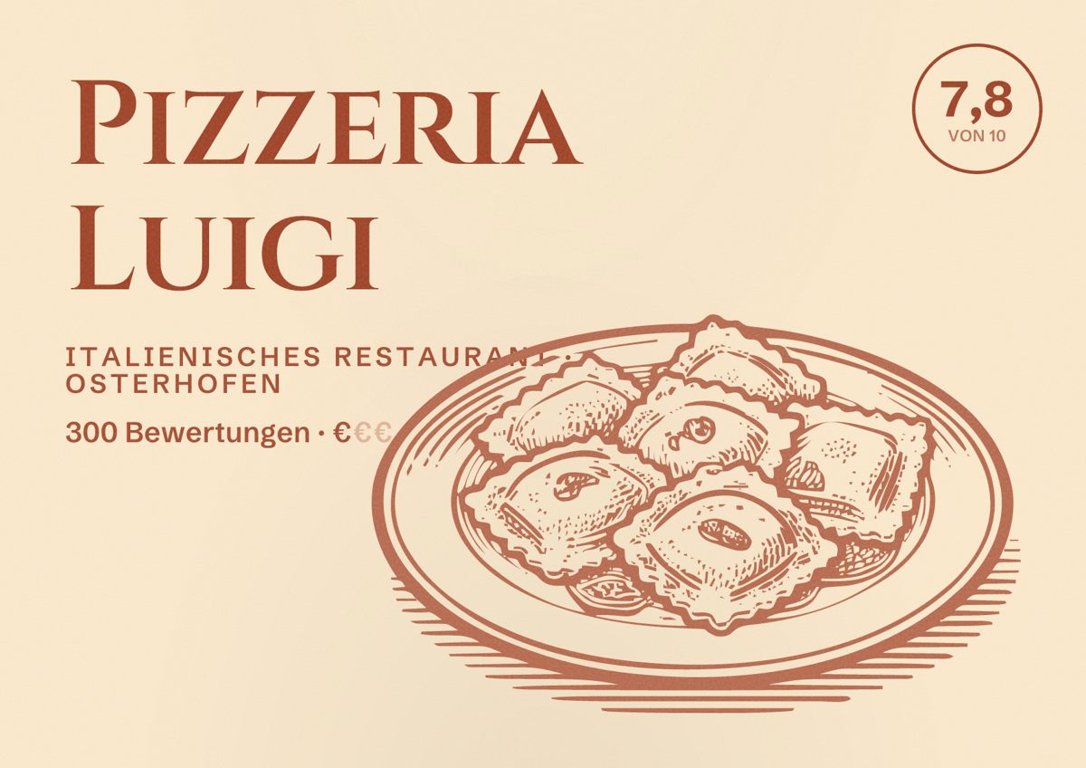 Illustriertes Poster von Pizzeria Luigi, Italienisches Restaurant in Osterhofen: Bewertung 7,8 von 10 aus 300 Bewertungen, Preisniveau €