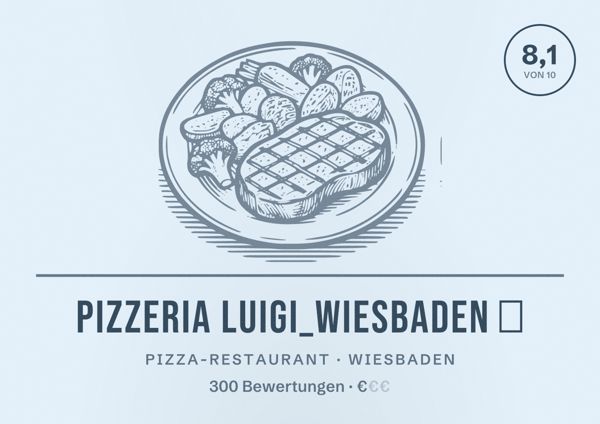 Illustriertes Poster von Pizzeria Luigi_Wiesbaden 🍕, Pizza-Restaurant in Wiesbaden: Bewertung 8,1 von 10 aus 300 Bewertungen, Preisniveau €