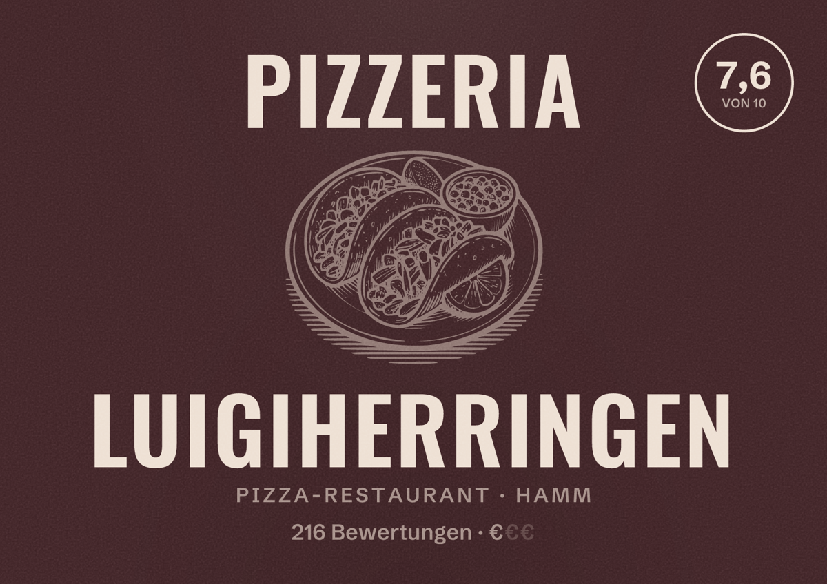 Illustriertes Poster von Pizzeria LuigiHerringen, Pizza-Restaurant in Hamm: Bewertung 7,6 von 10 aus 216 Bewertungen, Preisniveau €