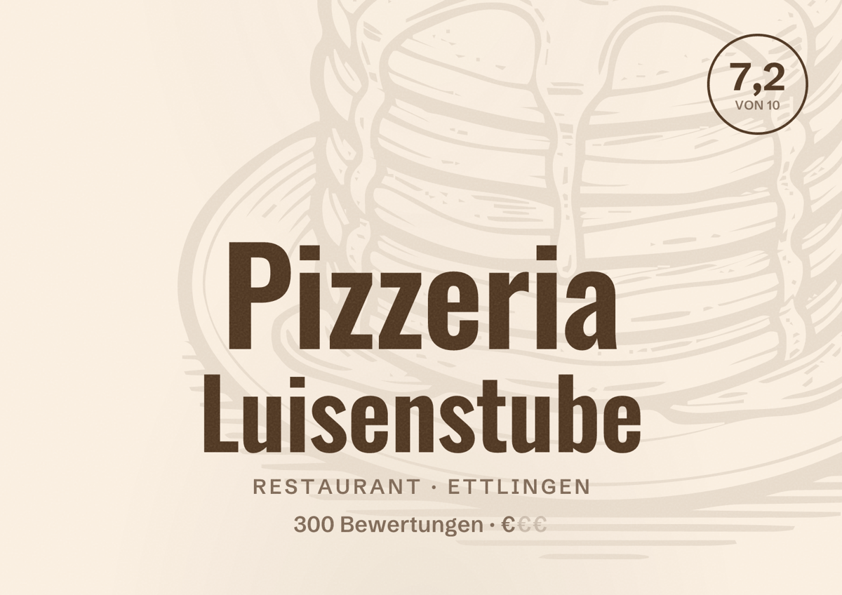 Illustriertes Poster von Pizzeria Luisenstube, Restaurant in Ettlingen: Bewertung 7,2 von 10 aus 300 Bewertungen, Preisniveau €
