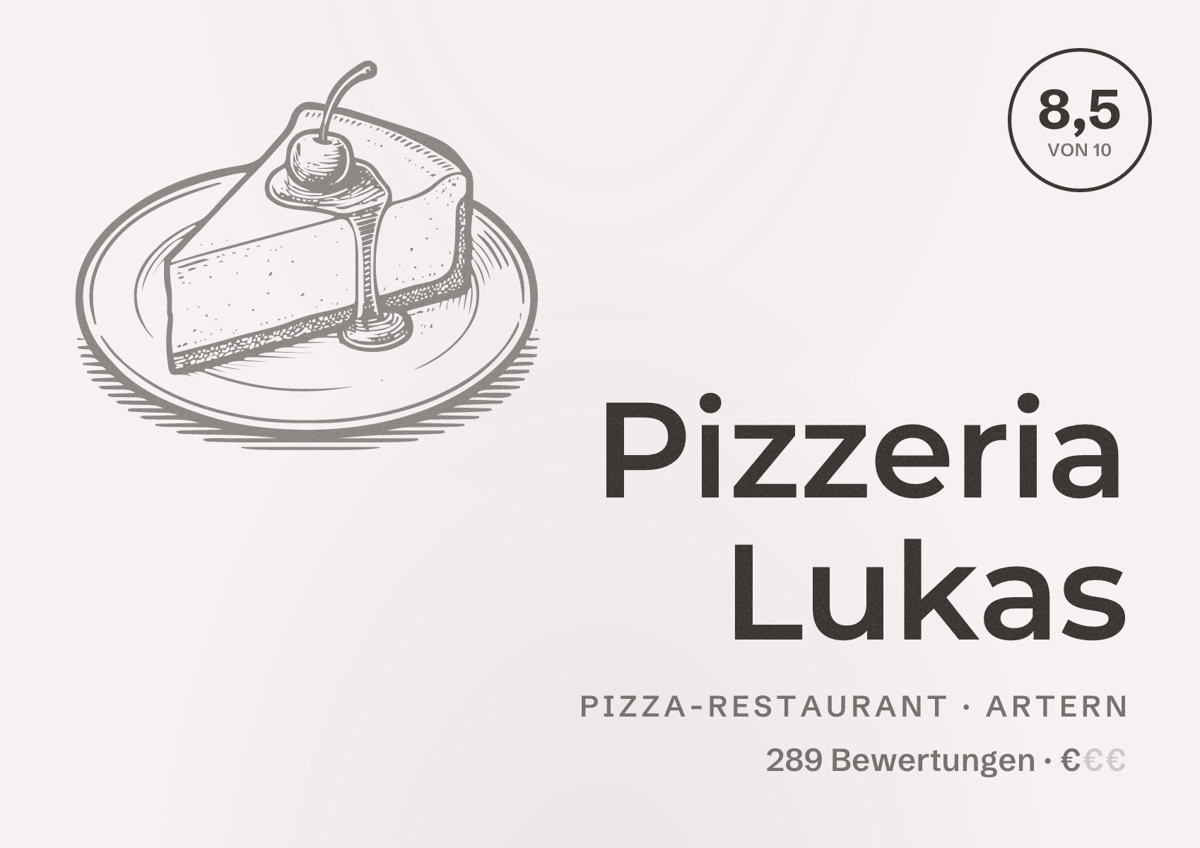 Illustriertes Poster von Pizzeria Lukas, Pizza-Restaurant in Artern: Bewertung 8,5 von 10 aus 289 Bewertungen, Preisniveau €