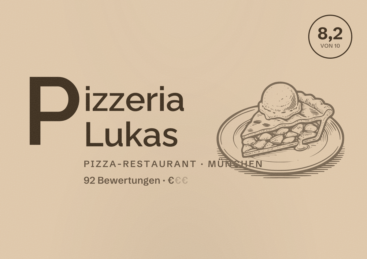 Illustriertes Poster von Pizzeria Lukas, Pizza-Restaurant in München: Bewertung 8,2 von 10 aus 92 Bewertungen, Preisniveau €