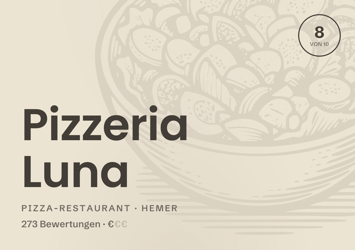 Illustriertes Poster von Pizzeria Luna, Pizza-Restaurant in Hemer: Bewertung 8 von 10 aus 273 Bewertungen, Preisniveau €