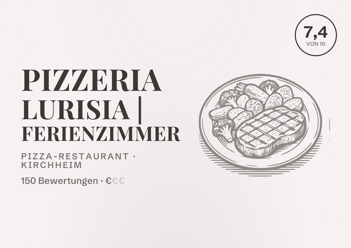 Illustriertes Poster von Pizzeria Lurisia | Ferienzimmer, Pizza-Restaurant in Kirchheim: Bewertung 7,4 von 10 aus 150 Bewertungen, Preisniveau €