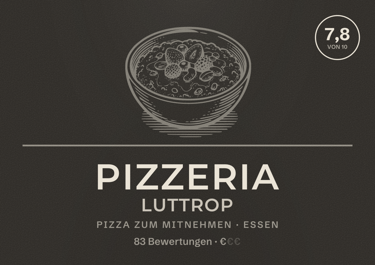 Illustriertes Poster von Pizzeria Luttrop, Pizza zum Mitnehmen in Essen: Bewertung 7,8 von 10 aus 83 Bewertungen, Preisniveau €