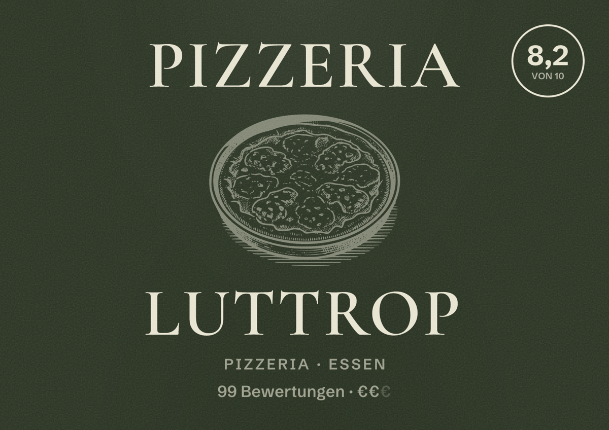 Illustriertes Poster von Pizzeria Luttrop, Pizzeria in Essen: Bewertung 8,2 von 10 aus 99 Bewertungen, Preisniveau €€