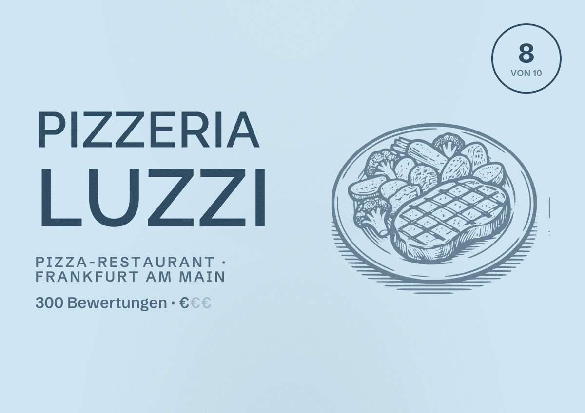 Illustriertes Poster von Pizzeria Luzzi, Pizza-Restaurant in Frankfurt am Main: Bewertung 8,0 von 10 aus 300 Bewertungen, Preisniveau €
