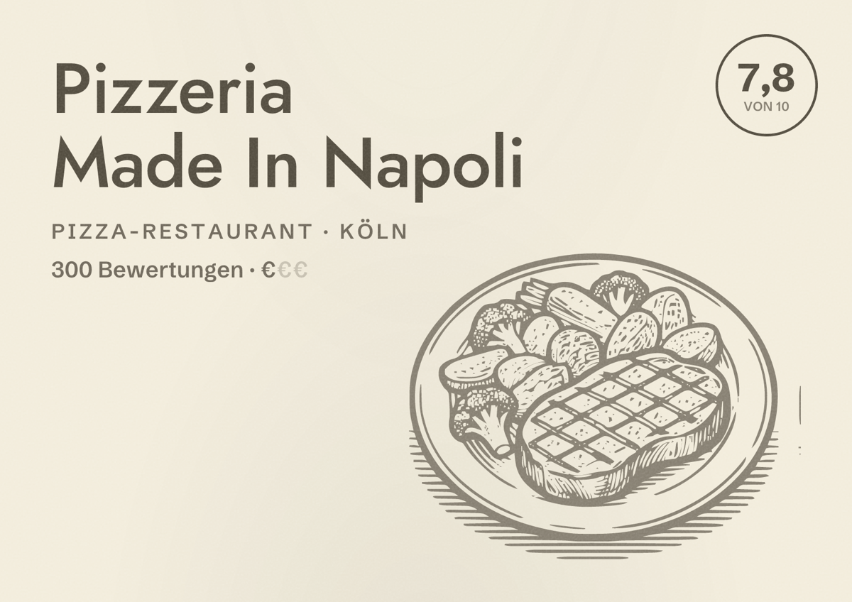 Illustriertes Poster von Pizzeria Made In Napoli, Pizza-Restaurant in Köln: Bewertung 7,8 von 10 aus 300 Bewertungen, Preisniveau €