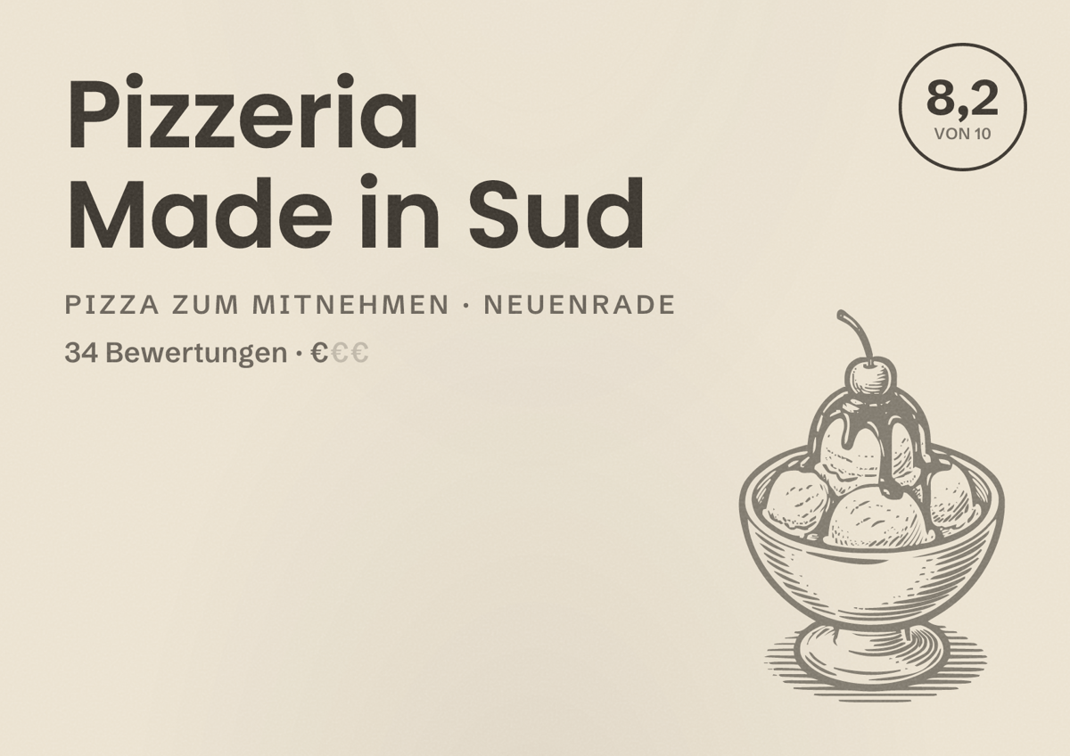 Illustriertes Poster von Pizzeria Made in Sud, Pizza zum Mitnehmen in Neuenrade: Bewertung 8,2 von 10 aus 34 Bewertungen, Preisniveau €
