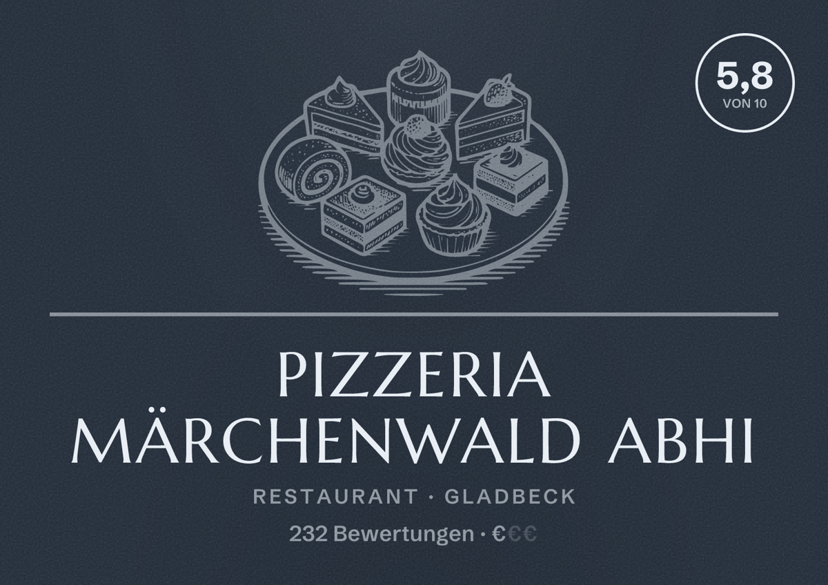Illustriertes Poster von Pizzeria Märchenwald Abhi, Restaurant in Gladbeck: Bewertung 5,8 von 10 aus 232 Bewertungen, Preisniveau €