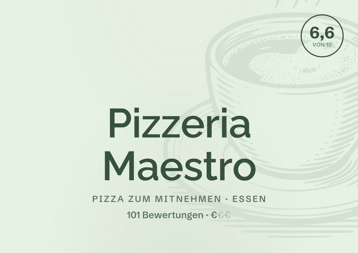 Illustriertes Poster von Pizzeria Maestro, Pizza zum Mitnehmen in Essen: Bewertung 6,6 von 10 aus 101 Bewertungen, Preisniveau €