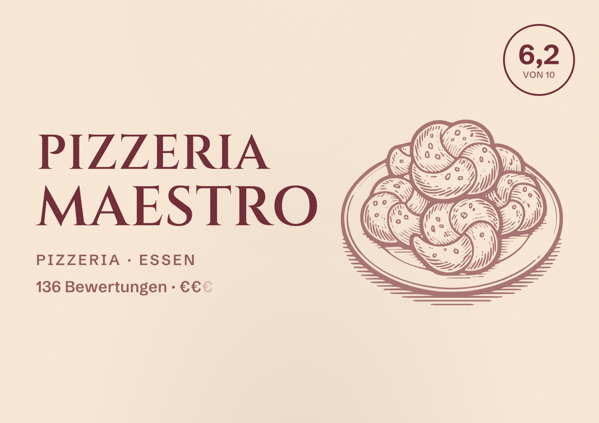 Illustriertes Poster von Pizzeria Maestro, Pizzeria in Essen: Bewertung 6,2 von 10 aus 136 Bewertungen, Preisniveau €€