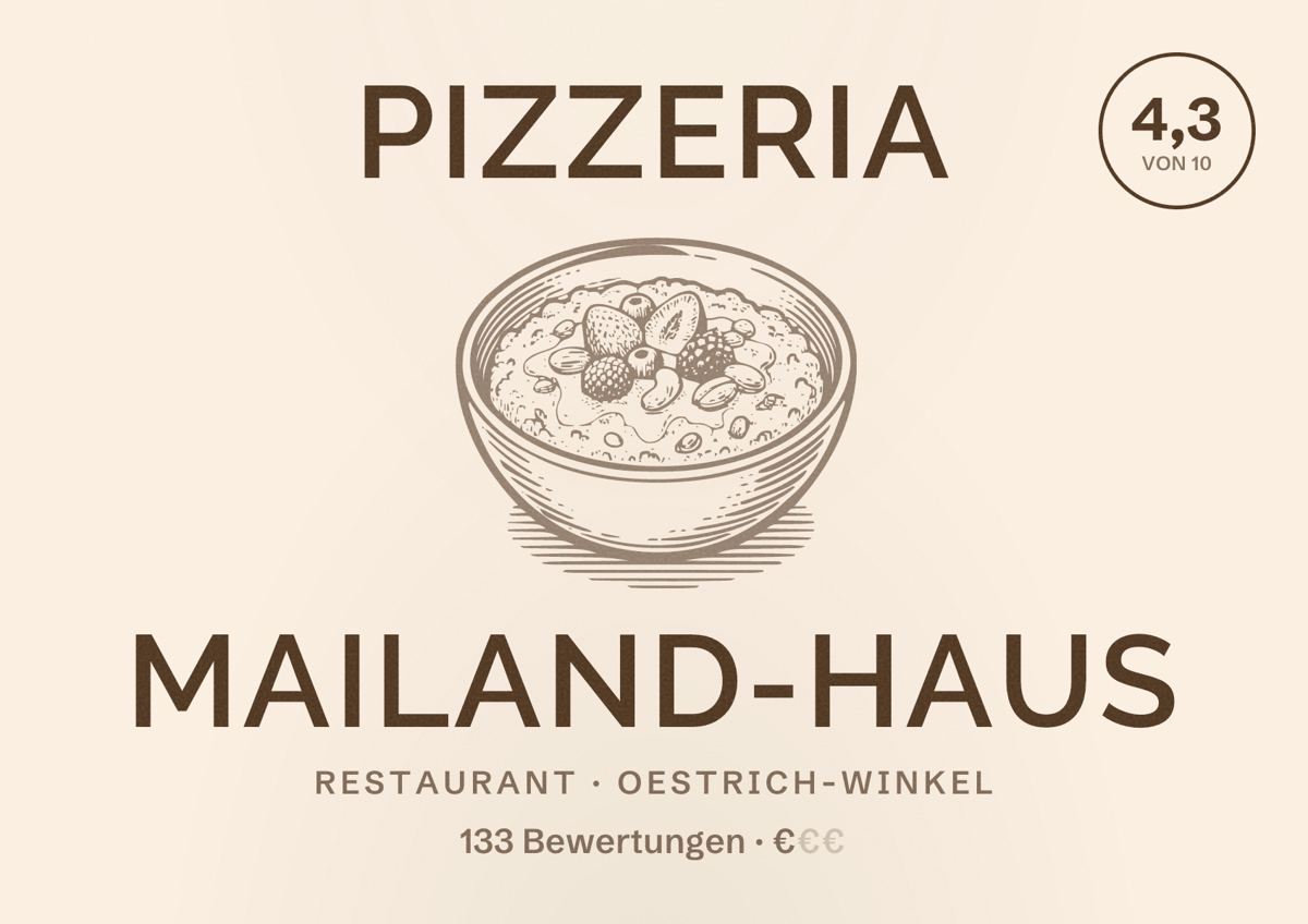 Illustriertes Poster von Pizzeria Mailand-Haus, Restaurant in Oestrich-Winkel: Bewertung 4,3 von 10 aus 133 Bewertungen, Preisniveau €