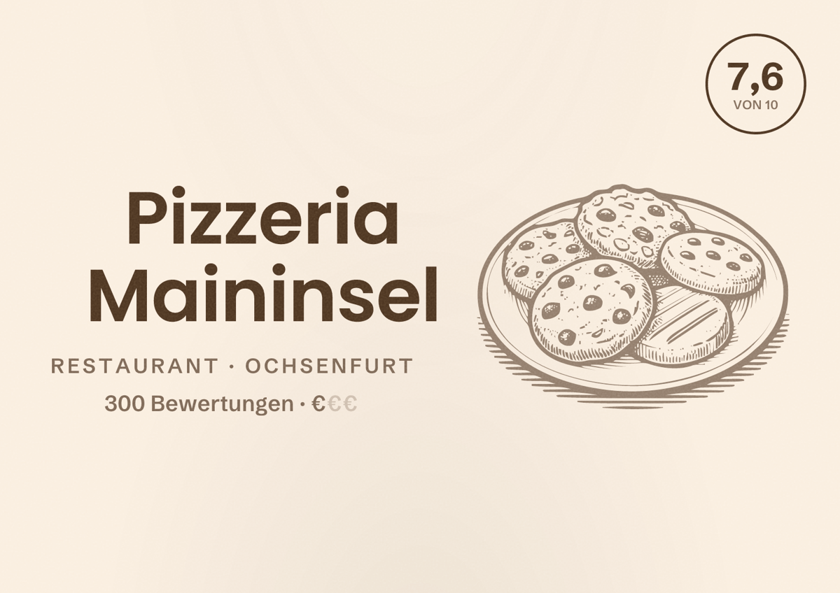 Illustriertes Poster von Pizzeria Maininsel, Restaurant in Ochsenfurt: Bewertung 7,6 von 10 aus 300 Bewertungen, Preisniveau €
