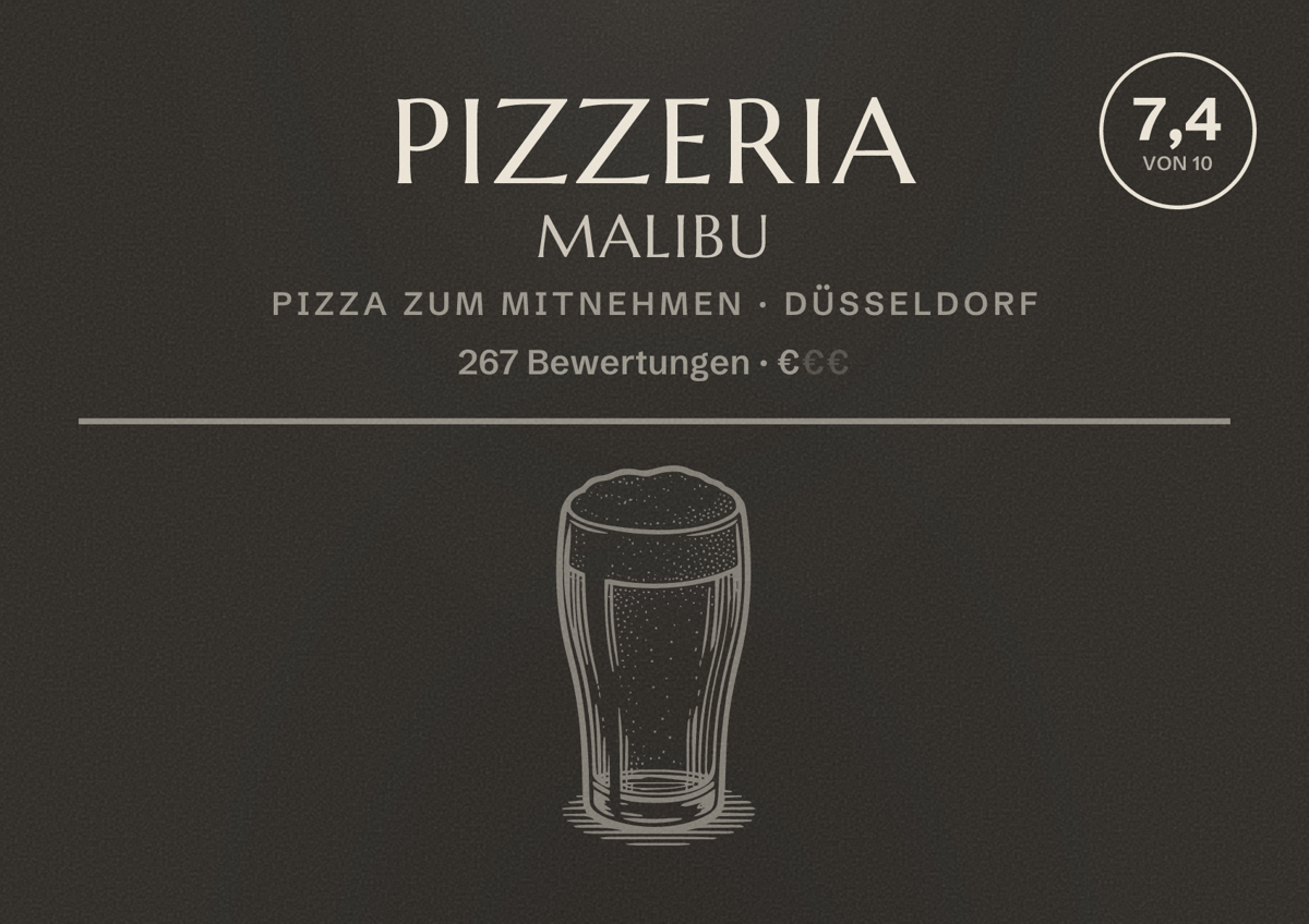 Illustriertes Poster von Pizzeria Malibu, Pizza zum Mitnehmen in Düsseldorf: Bewertung 7,4 von 10 aus 267 Bewertungen, Preisniveau €