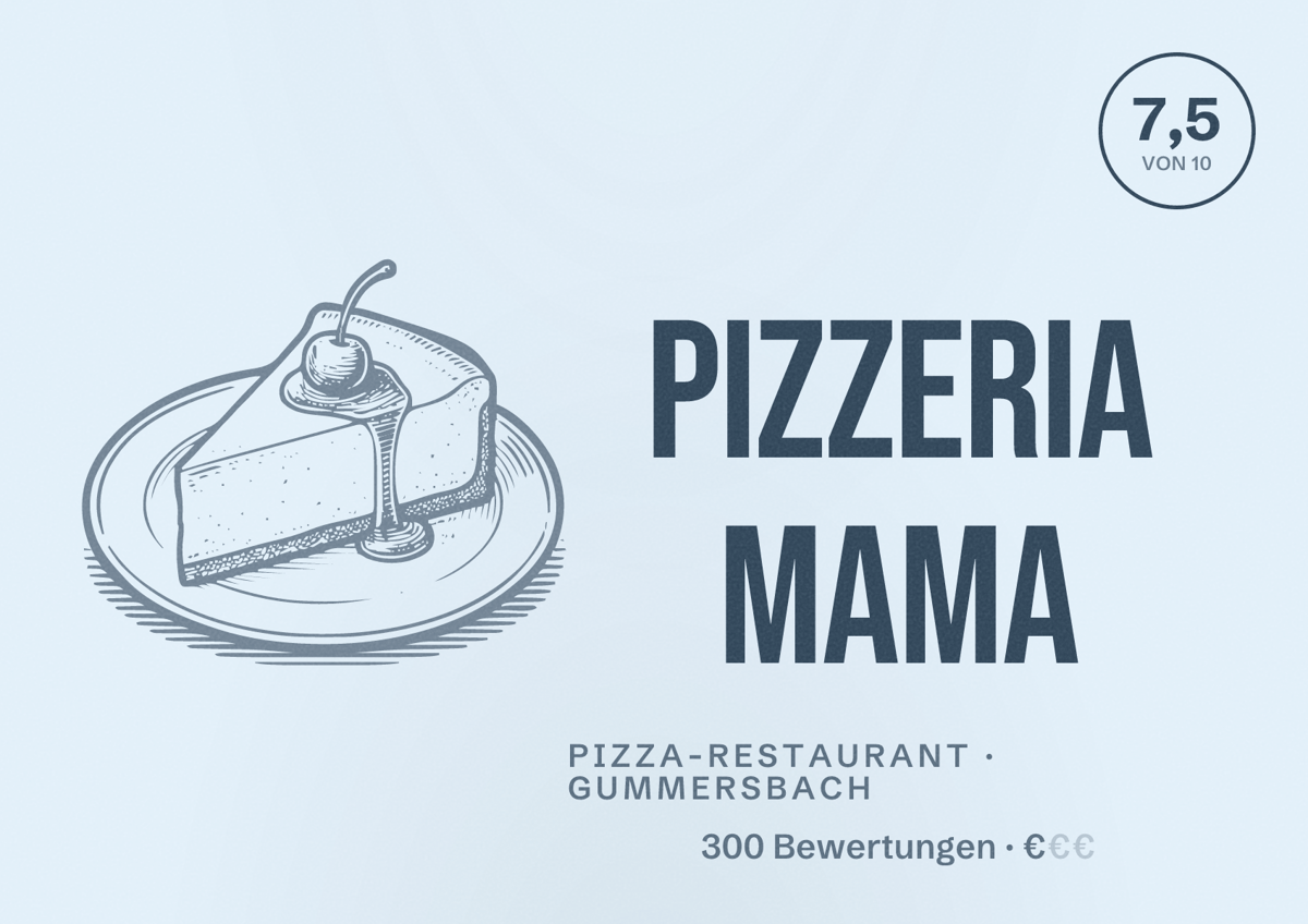 Illustriertes Poster von Pizzeria Mama, Pizza-Restaurant in Gummersbach: Bewertung 7,5 von 10 aus 300 Bewertungen, Preisniveau €