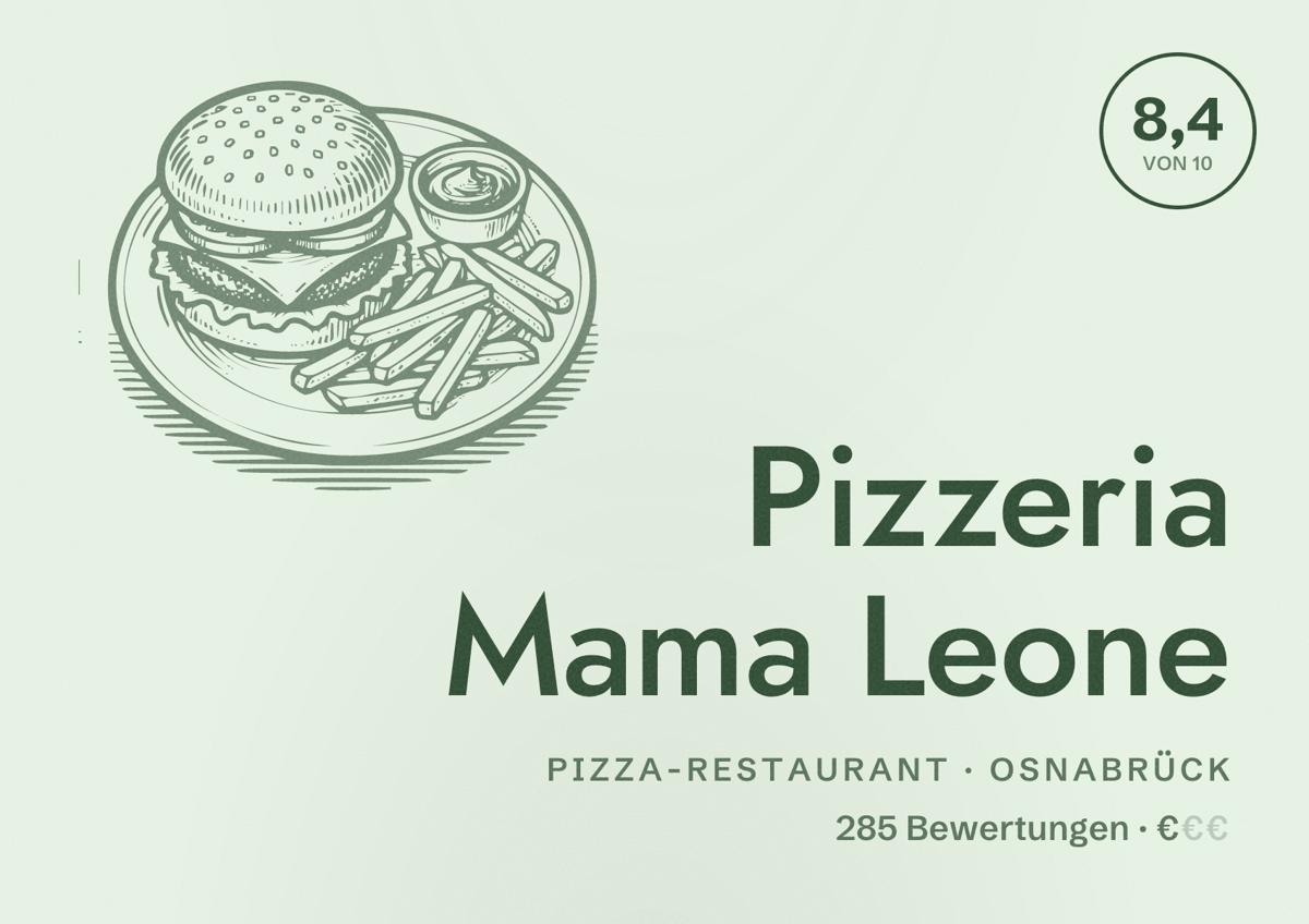 Illustriertes Poster von Pizzeria Mama Leone, Pizza-Restaurant in Osnabrück: Bewertung 8,4 von 10 aus 285 Bewertungen, Preisniveau €