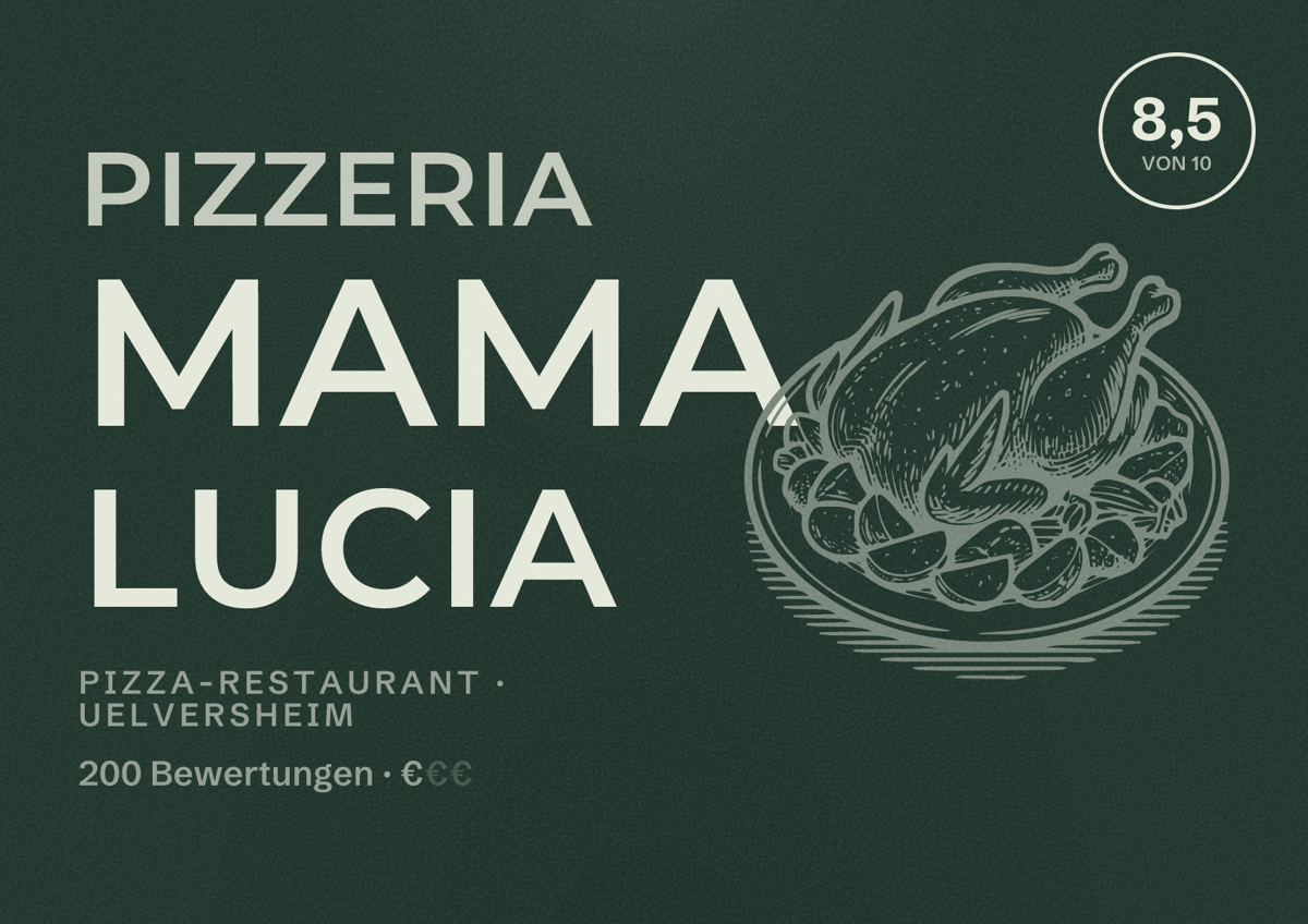 Illustriertes Poster von Pizzeria Mama Lucia, Pizza-Restaurant in Uelversheim: Bewertung 8,5 von 10 aus 200 Bewertungen, Preisniveau €