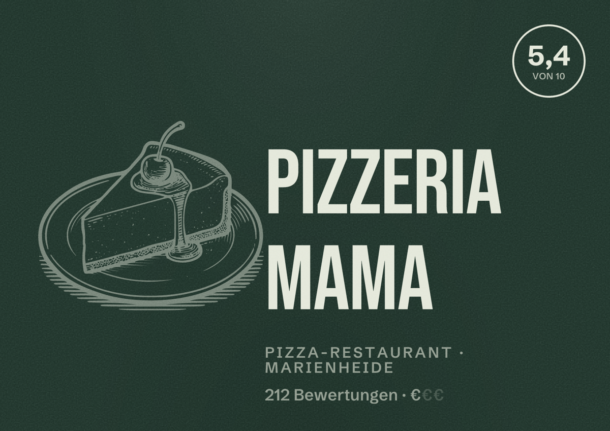 Illustriertes Poster von Pizzeria Mama, Pizza-Restaurant in Marienheide: Bewertung 5,4 von 10 aus 212 Bewertungen, Preisniveau €