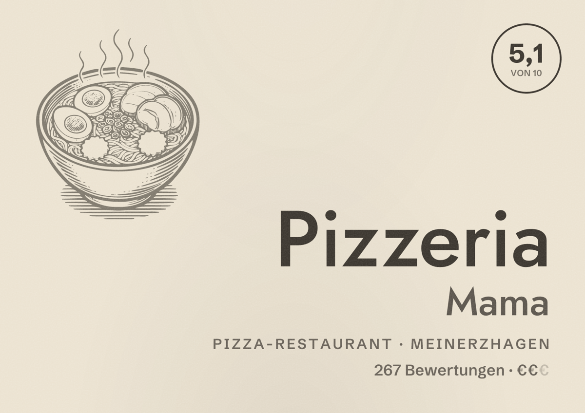 Illustriertes Poster von Pizzeria Mama, Pizza-Restaurant in Meinerzhagen: Bewertung 5,1 von 10 aus 267 Bewertungen, Preisniveau €€