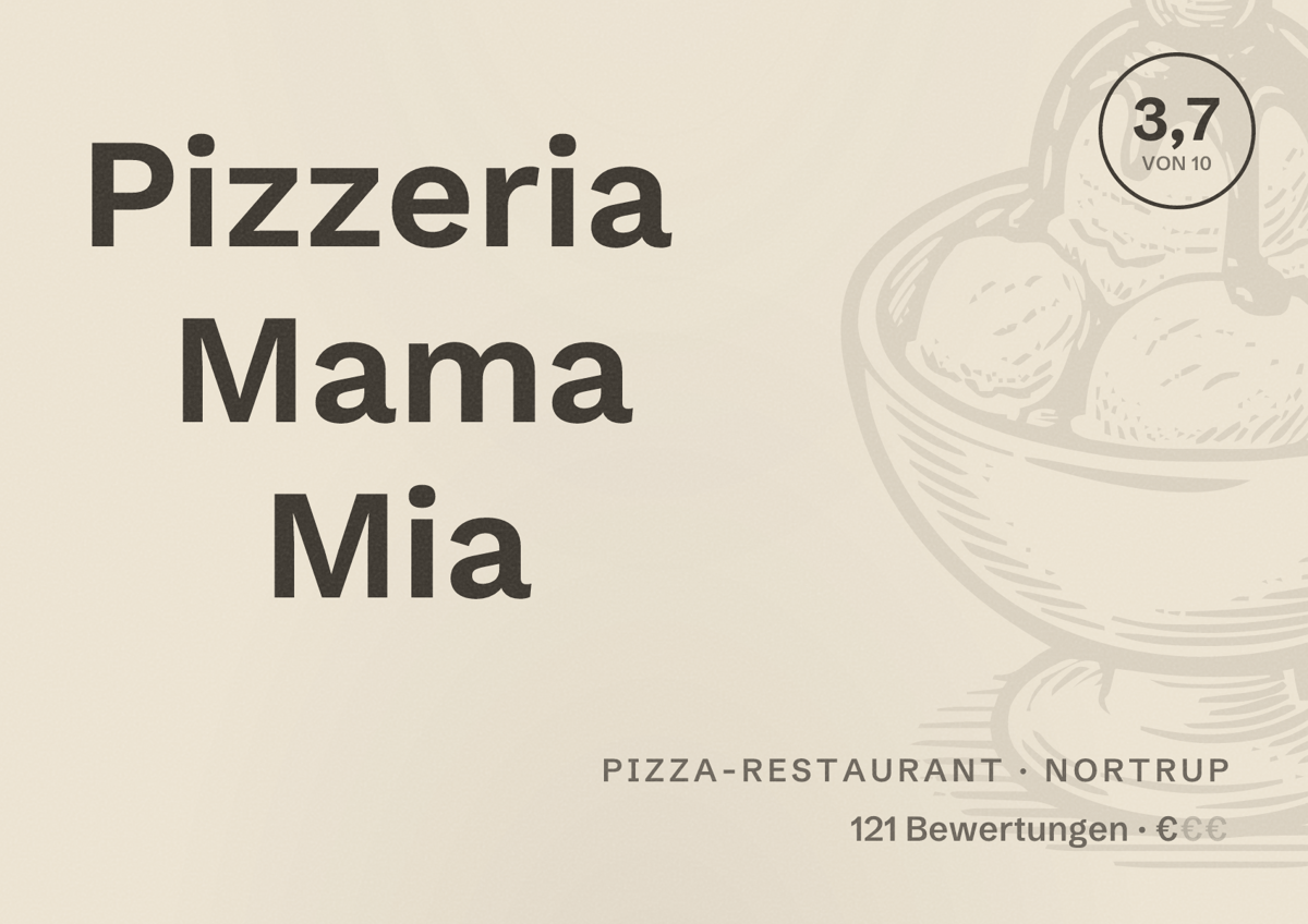 Illustriertes Poster von Pizzeria Mama Mia, Pizza-Restaurant in Nortrup: Bewertung 3,7 von 10 aus 121 Bewertungen, Preisniveau €