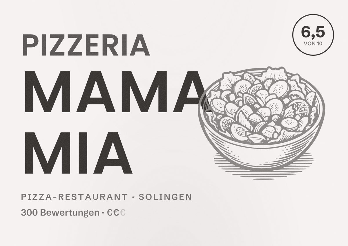 Illustriertes Poster von Pizzeria Mama Mia, Pizza-Restaurant in Solingen: Bewertung 6,5 von 10 aus 300 Bewertungen, Preisniveau €€