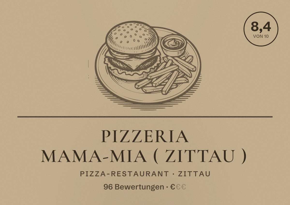 Illustriertes Poster von Pizzeria Mama-mia ( Zittau ), Pizza-Restaurant in Zittau: Bewertung 8,4 von 10 aus 96 Bewertungen, Preisniveau €