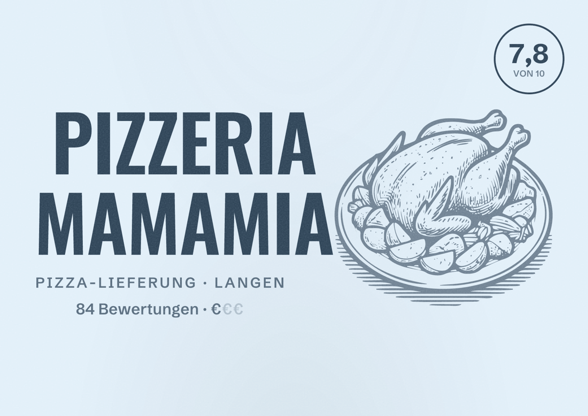 Illustriertes Poster von PIZZERIA MAMAMIA, Pizza-Lieferung in Langen: Bewertung 7,8 von 10 aus 84 Bewertungen, Preisniveau €