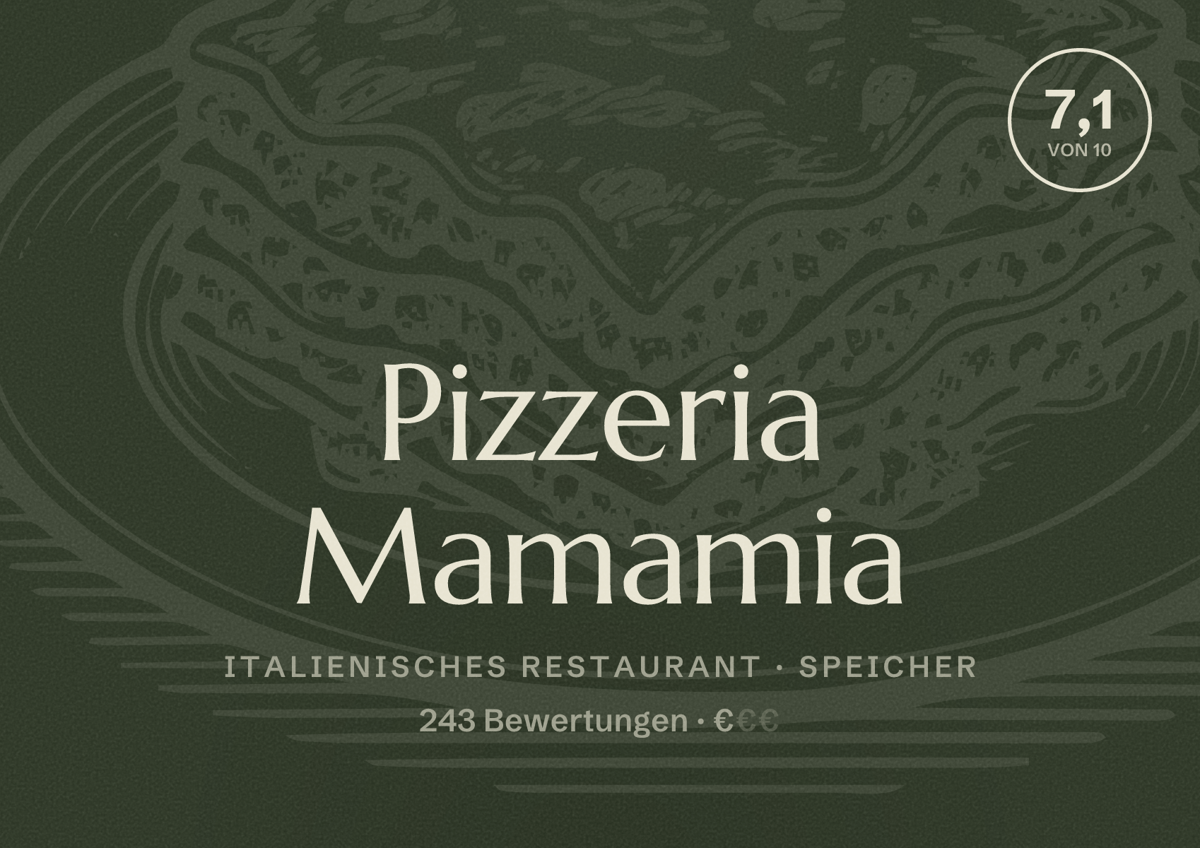 Illustriertes Poster von Pizzeria Mamamia, Italienisches Restaurant in Speicher: Bewertung 7,1 von 10 aus 243 Bewertungen, Preisniveau €