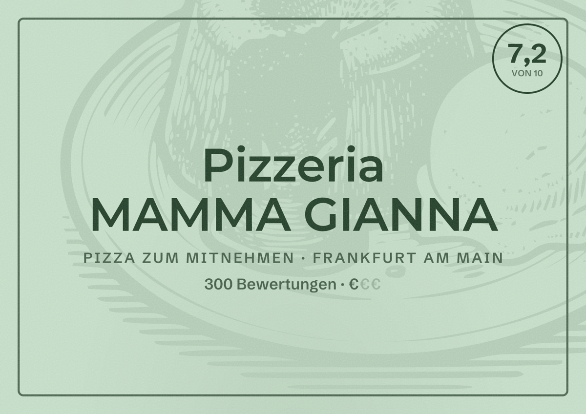 Illustriertes Poster von Pizzeria MAMMA GIANNA, Pizza zum Mitnehmen in Frankfurt am Main: Bewertung 7,2 von 10 aus 300 Bewertungen, Preisniveau €
