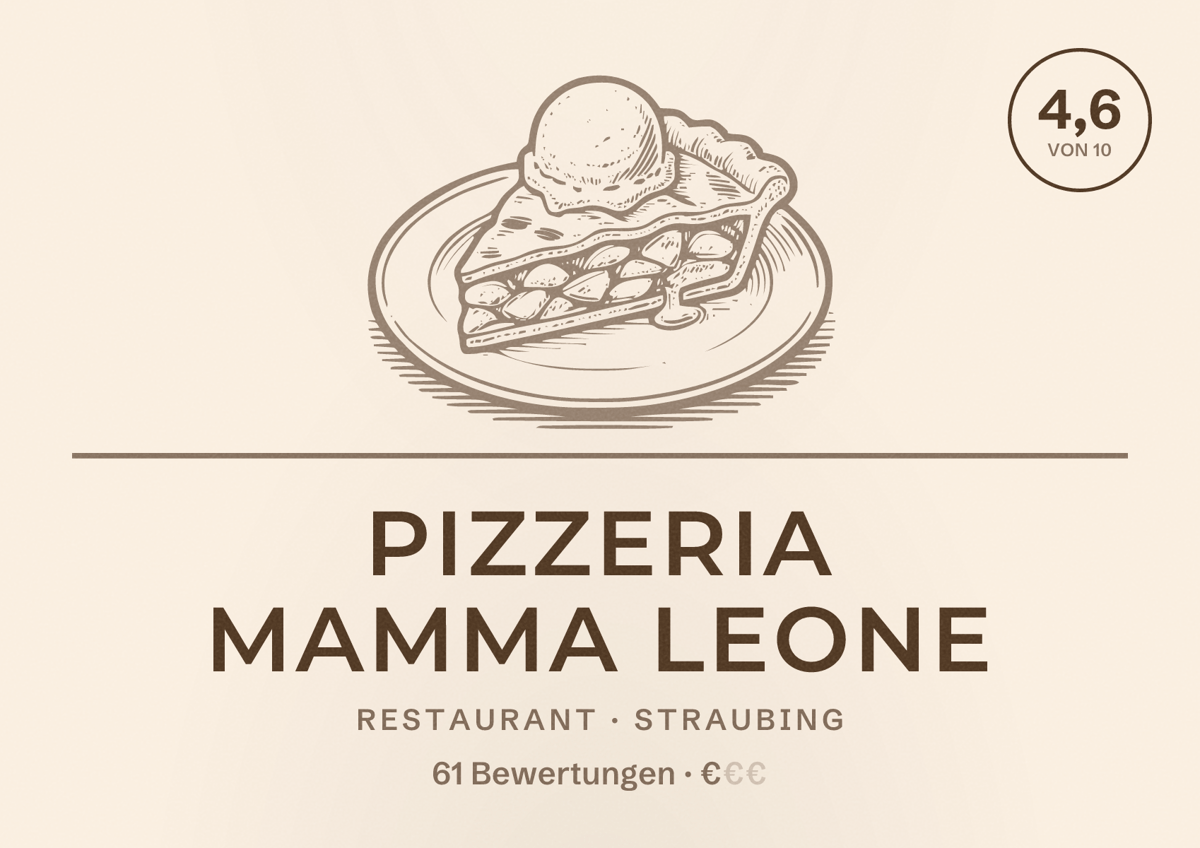 Illustriertes Poster von Pizzeria Mamma Leone, Restaurant in Straubing: Bewertung 4,6 von 10 aus 61 Bewertungen, Preisniveau €