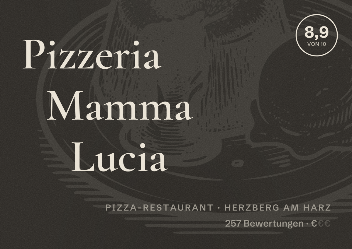 Illustriertes Poster von Pizzeria Mamma Lucia, Pizza-Restaurant in Herzberg am Harz: Bewertung 8,9 von 10 aus 257 Bewertungen, Preisniveau €