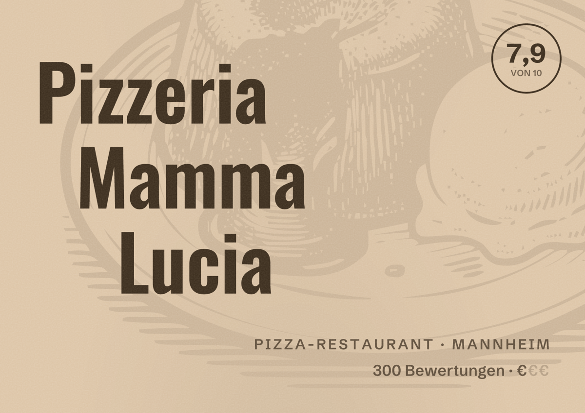 Illustriertes Poster von Pizzeria Mamma Lucia, Pizza-Restaurant in Mannheim: Bewertung 7,9 von 10 aus 300 Bewertungen, Preisniveau €