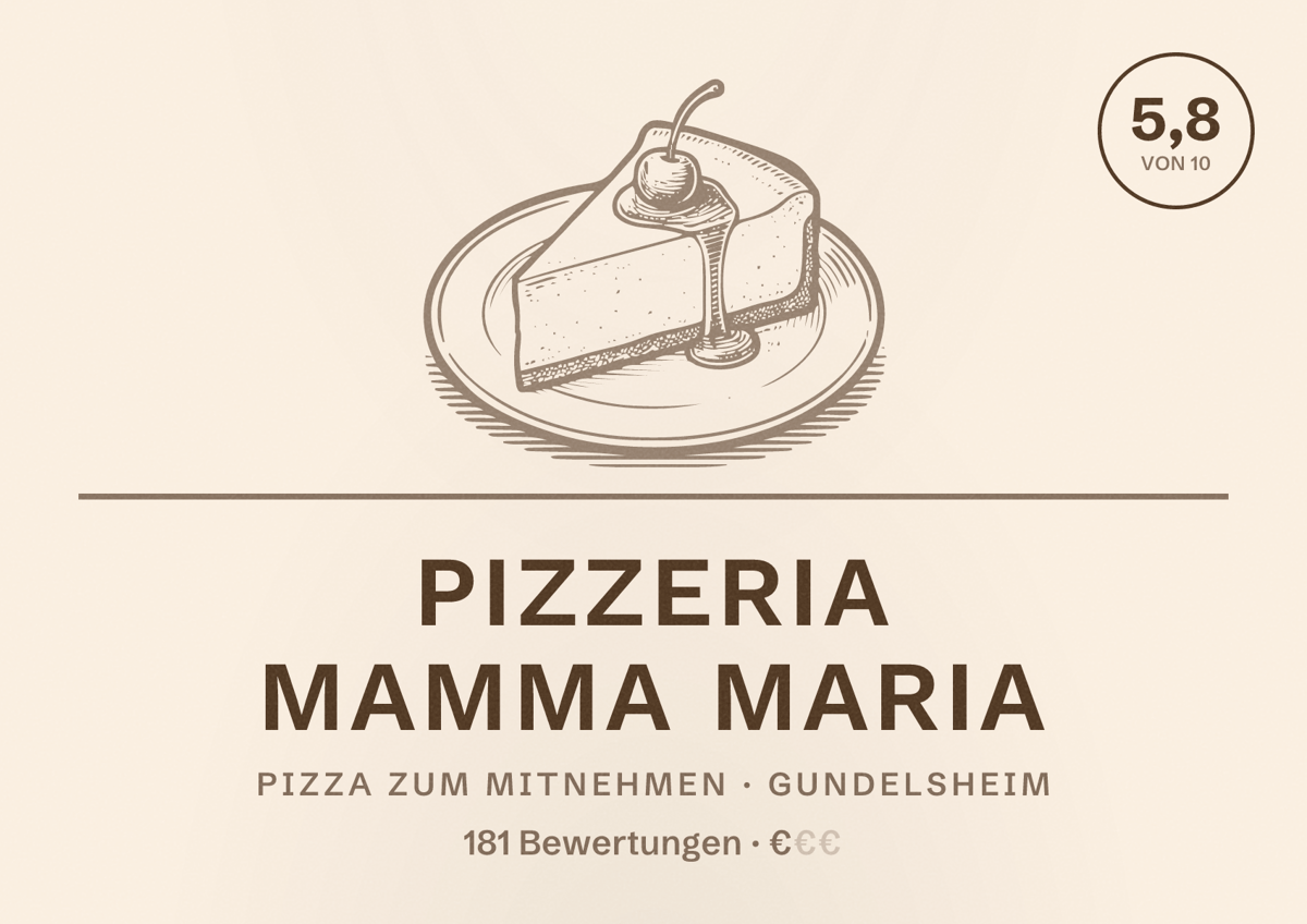 Illustriertes Poster von Pizzeria Mamma Maria, Pizza zum Mitnehmen in Gundelsheim: Bewertung 5,8 von 10 aus 181 Bewertungen, Preisniveau €