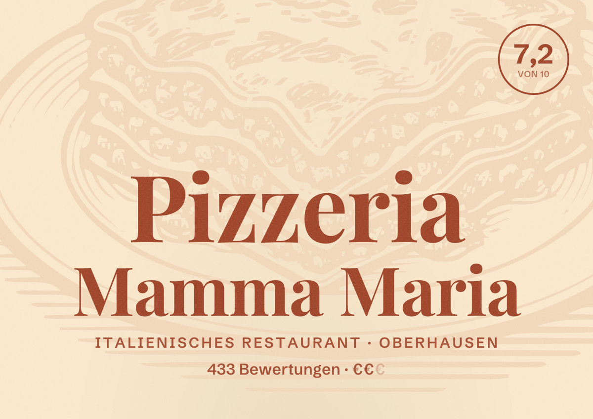 Illustriertes Poster von Pizzeria Mamma Maria, Italienisches Restaurant in Oberhausen: Bewertung 7,2 von 10 aus 433 Bewertungen, Preisniveau €€