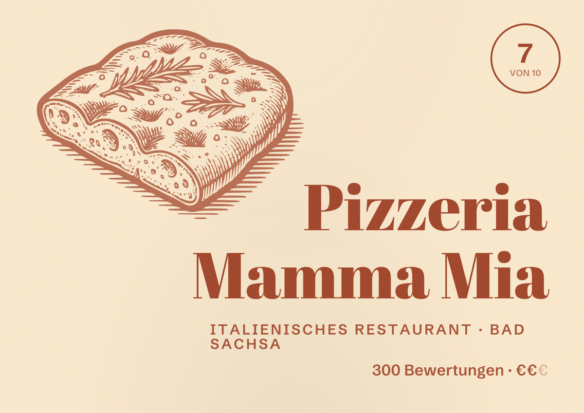 Illustriertes Poster von Pizzeria Mamma Mia, Italienisches Restaurant in Bad Sachsa: Bewertung 7 von 10 aus 300 Bewertungen, Preisniveau €€