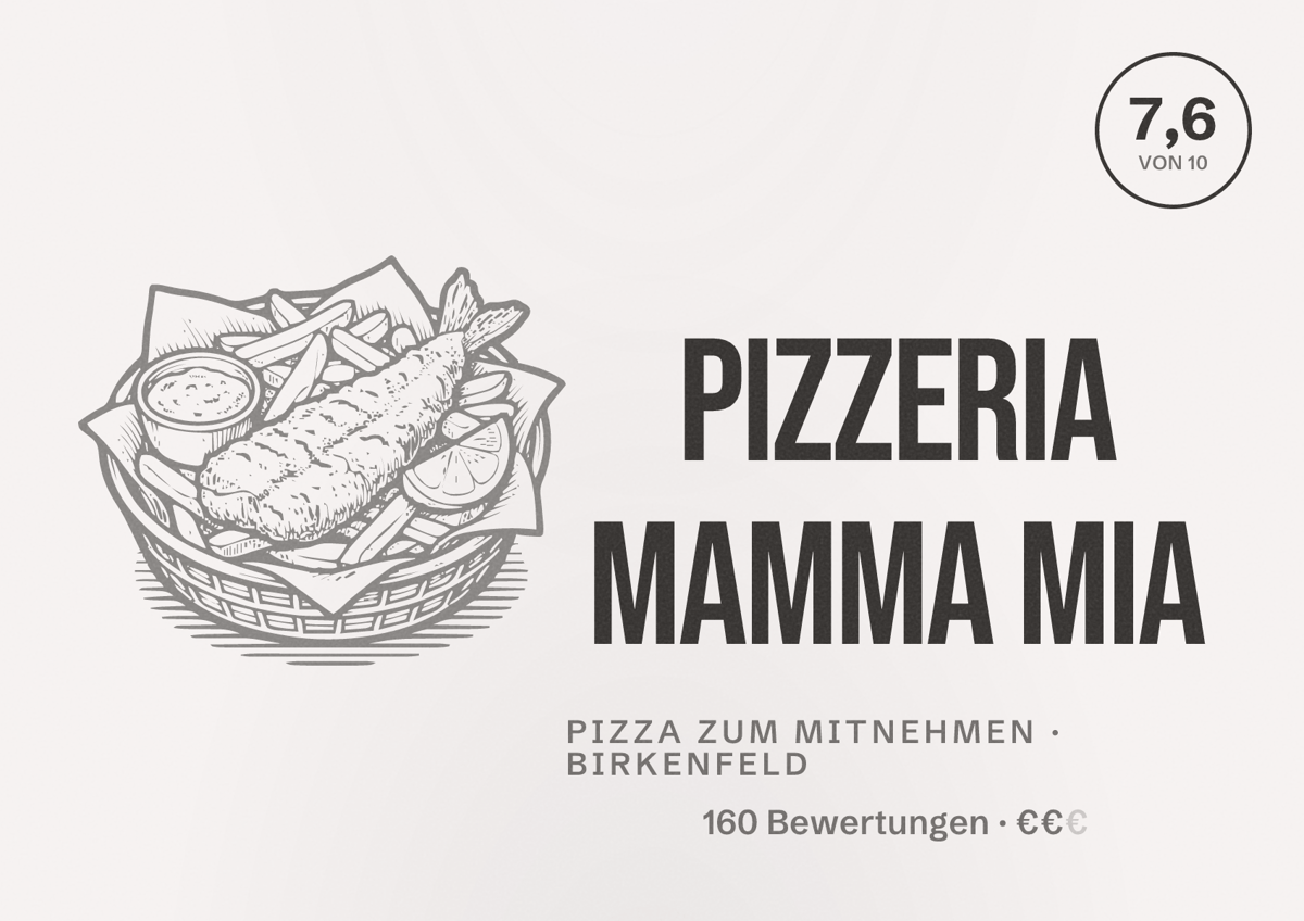 Illustriertes Poster von Pizzeria Mamma Mia, Pizza zum Mitnehmen in Birkenfeld: Bewertung 7,6 von 10 aus 160 Bewertungen, Preisniveau €€