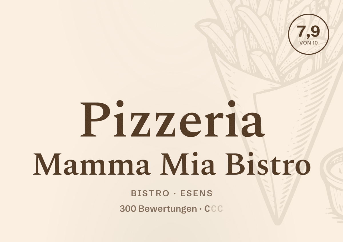 Illustriertes Poster von Pizzeria Mamma Mia Bistro, Bistro in Esens: Bewertung 7,9 von 10 aus 300 Bewertungen, Preisniveau €