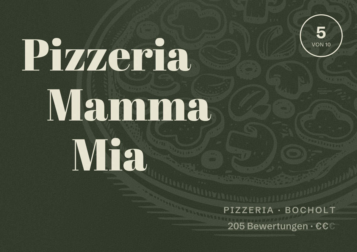 Illustriertes Poster von Pizzeria Mamma Mia, Pizzeria in Bocholt: Bewertung 5 von 10 aus 205 Bewertungen, Preisniveau €€