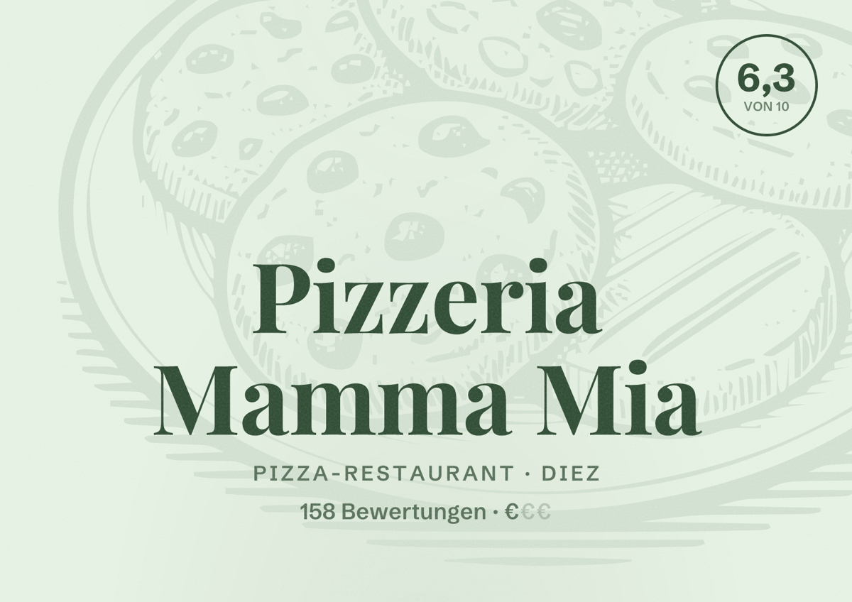 Illustriertes Poster von Pizzeria Mamma Mia, Pizza-Restaurant in Diez: Bewertung 6,3 von 10 aus 158 Bewertungen, Preisniveau €